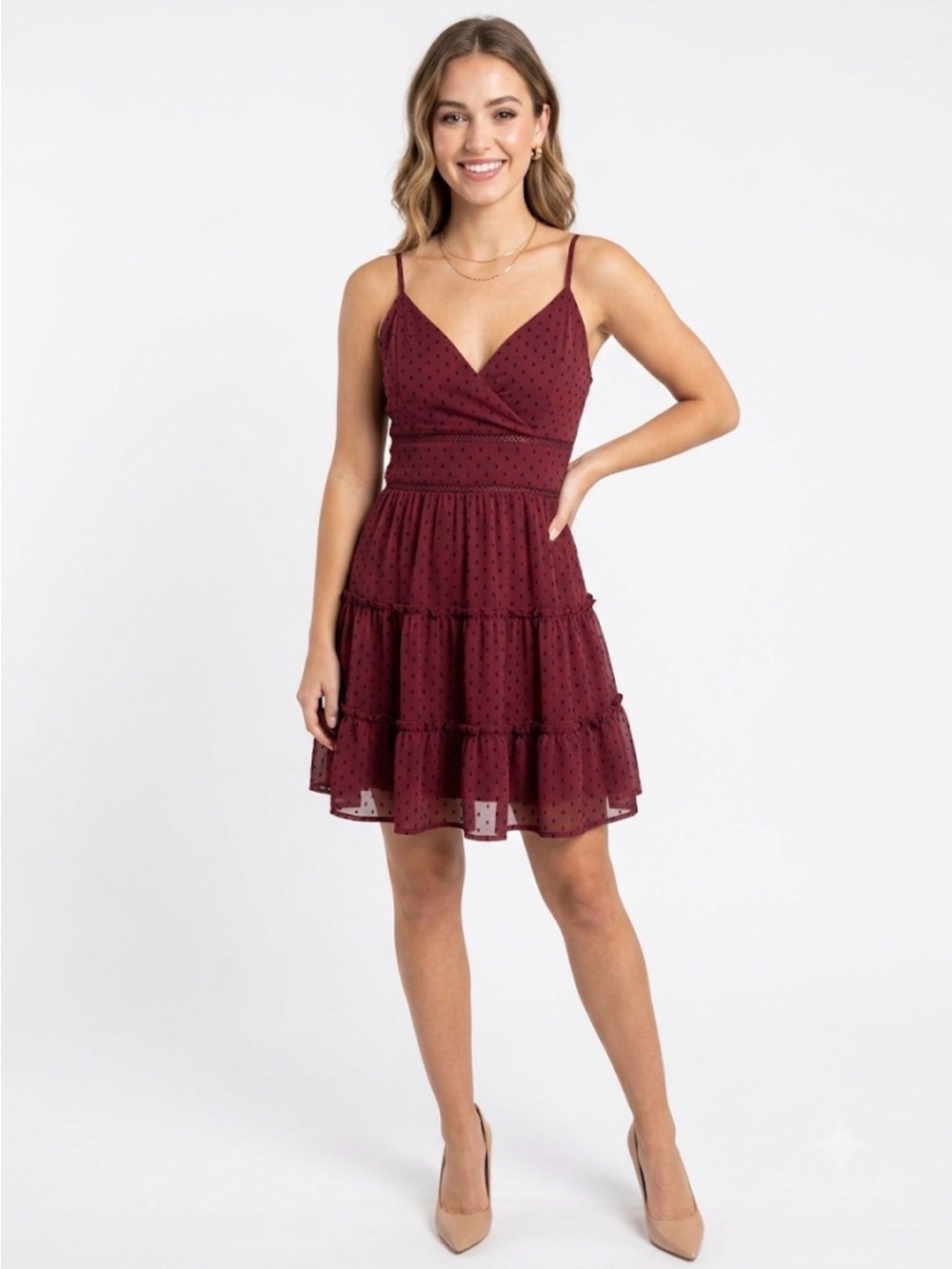 Trixxi Burgundy Swiss Dot Tiered Mini Dress Size M Adjustable Straps Lined